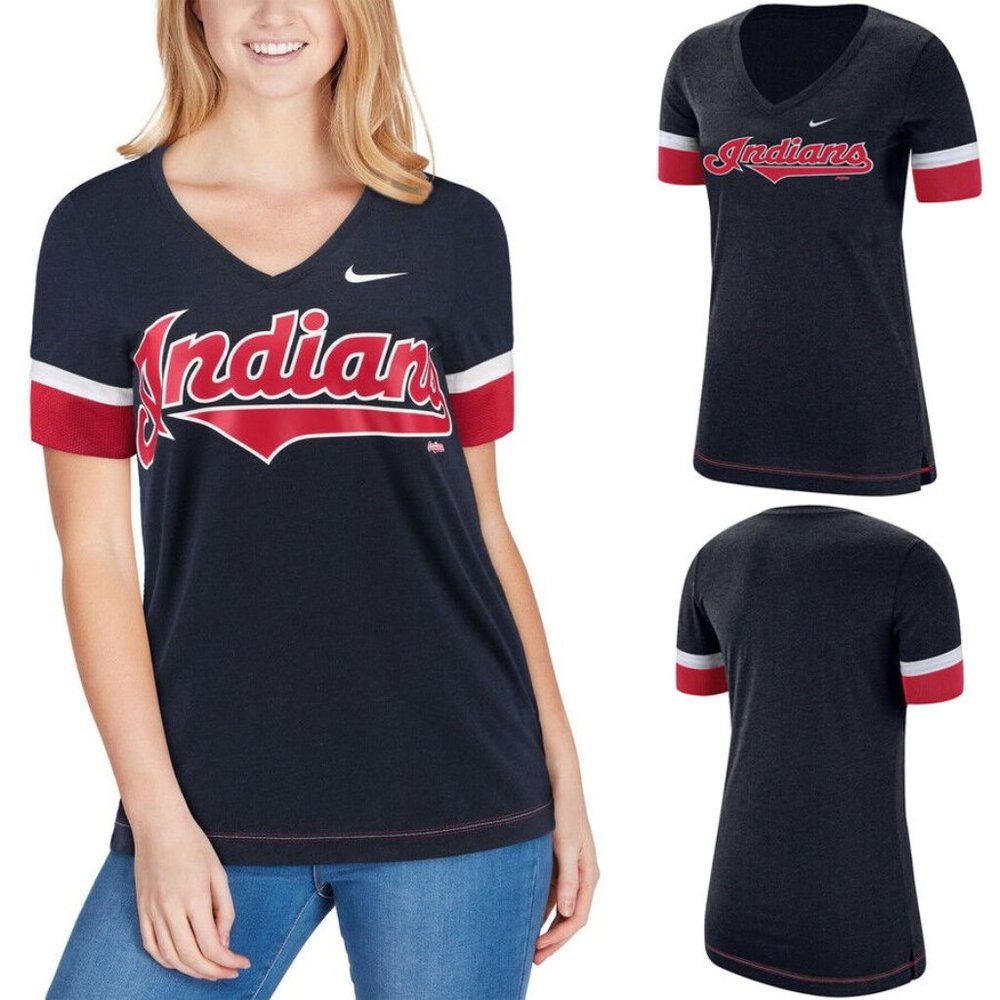 Cleveland Indians Nike Womens V-Neck Shirt Navy Blue Size Small Mesh T-Shirt
